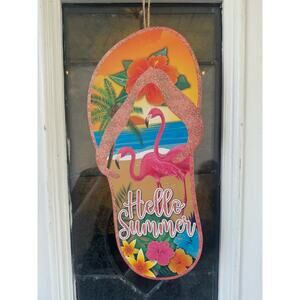 Hello Summer Flamingo Flip-Flop Wreath Sign - Perfect for Wreaths, Swags Decor